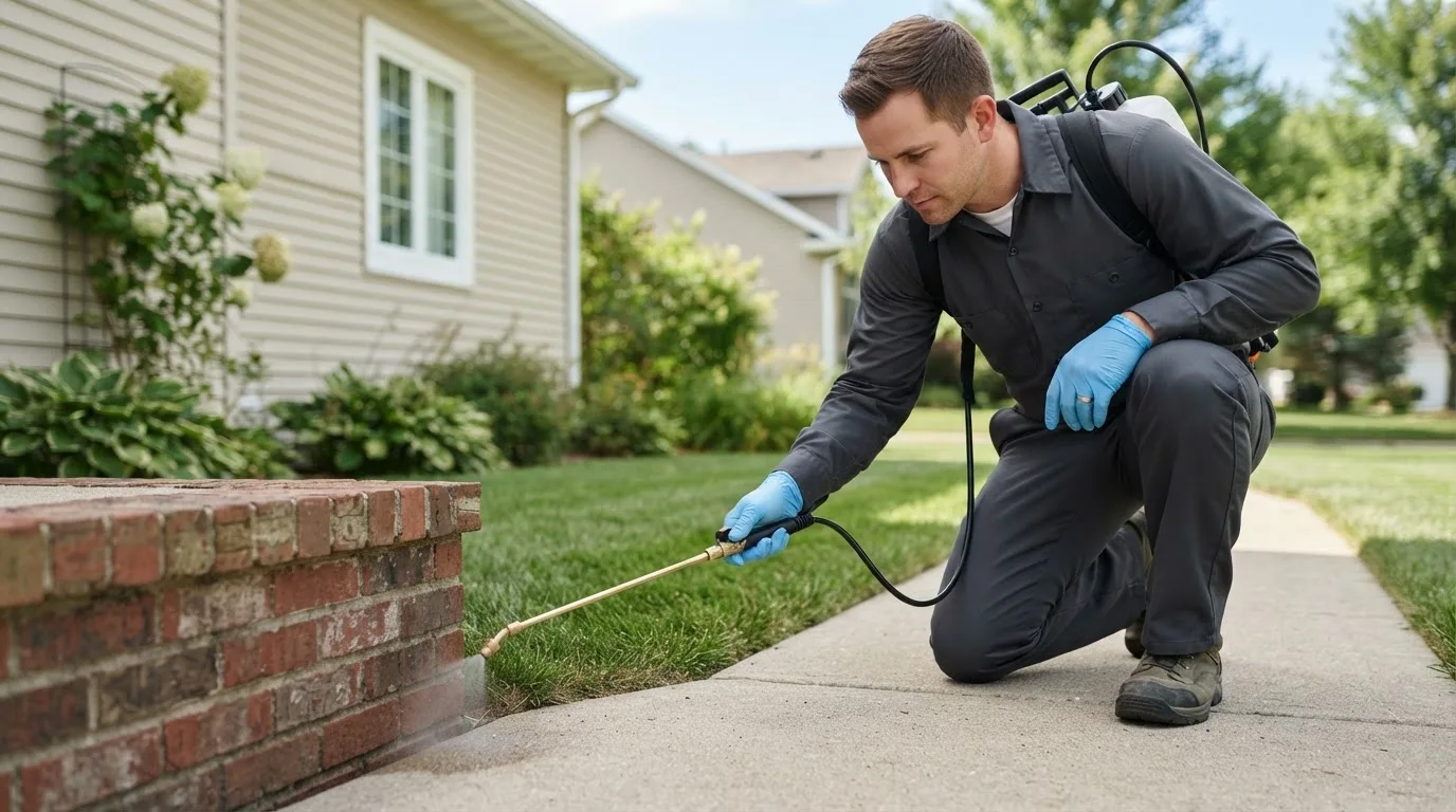 Pest control technician treating a home near Farnsworth, TX