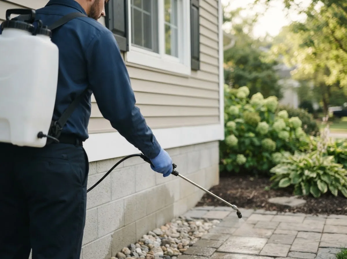 Pest control technician inspecting a home in Farnsworth, TX